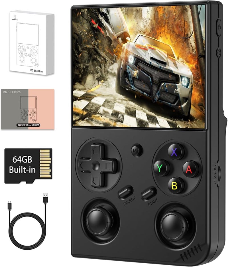 GiipGoop وحدة ألعاب محمولة RG35XX Pro - وحدة ألعاب رجعية RG35XXPro مع بطاقة ألعاب 64GB و 4353 لعبة - وحدة ألعاب فيديو محمولة - أركيد جيب تدعم أكثر من 30 محاكي - واي فاي بلوتوث إخراج HD - أسود - Image 1